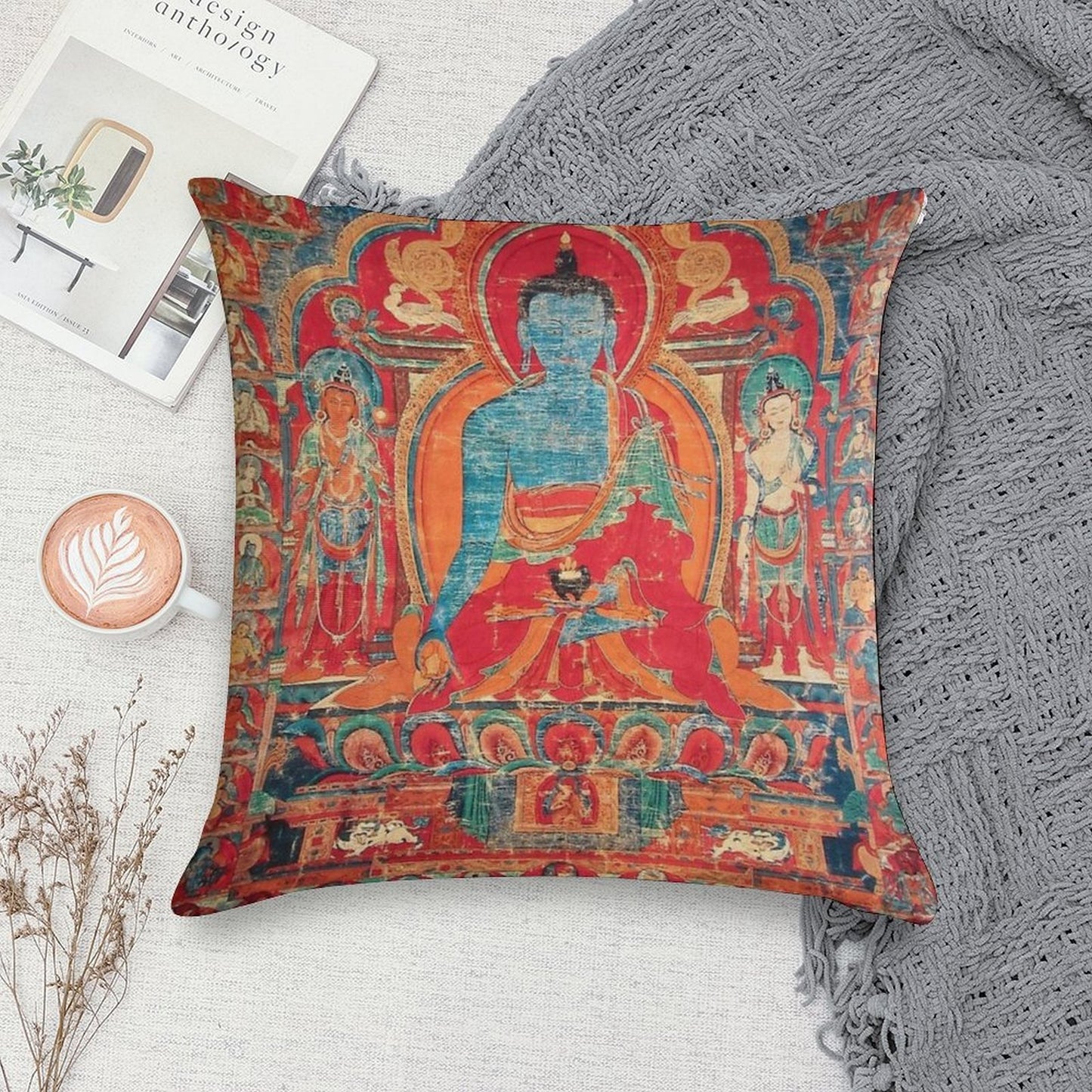 Mandala 140 Blue Medicine Buddha Soft Easy Maintenance Throw Pillow