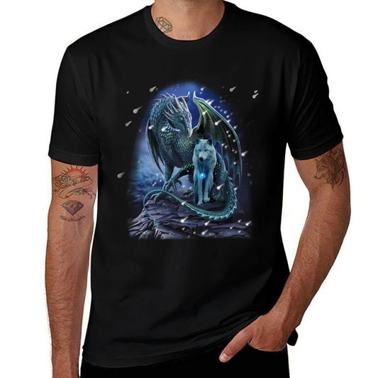 Wolf And Dragon Together In Winter  Graphic-printed T-Shirt