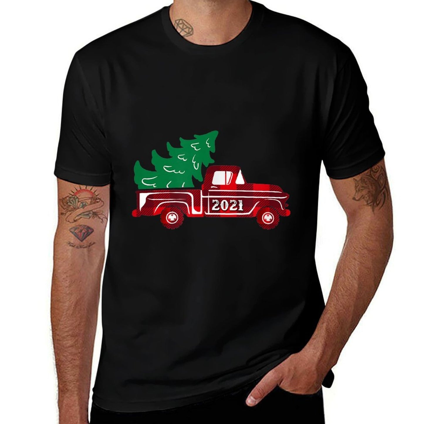 Vintage Christmas Truck 2021 - Red Buffalo Plaid - Tree  Slim-fit Cut T-Shirt