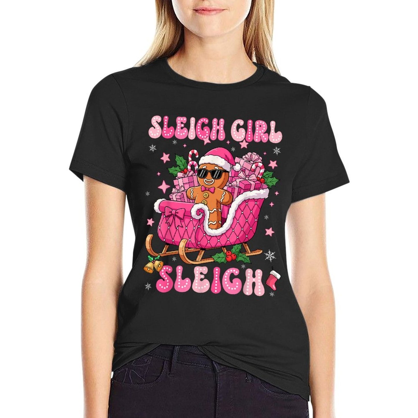 Groovy Pink Gingerbread Sleigh Coquette Bow Christmas Girl  Classic T-Shirt