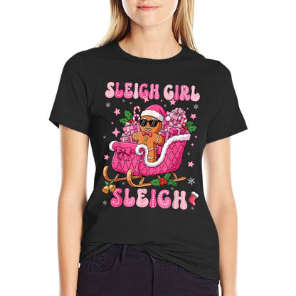 Groovy Pink Gingerbread Sleigh Coquette Bow Christmas Girl  Classic T-Shirt
