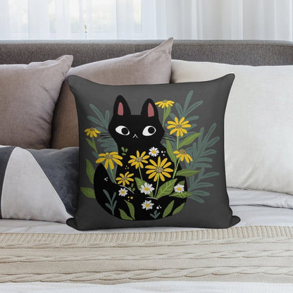 Black Cat with Flowers Soft Anti-Pilling Throw Pillow