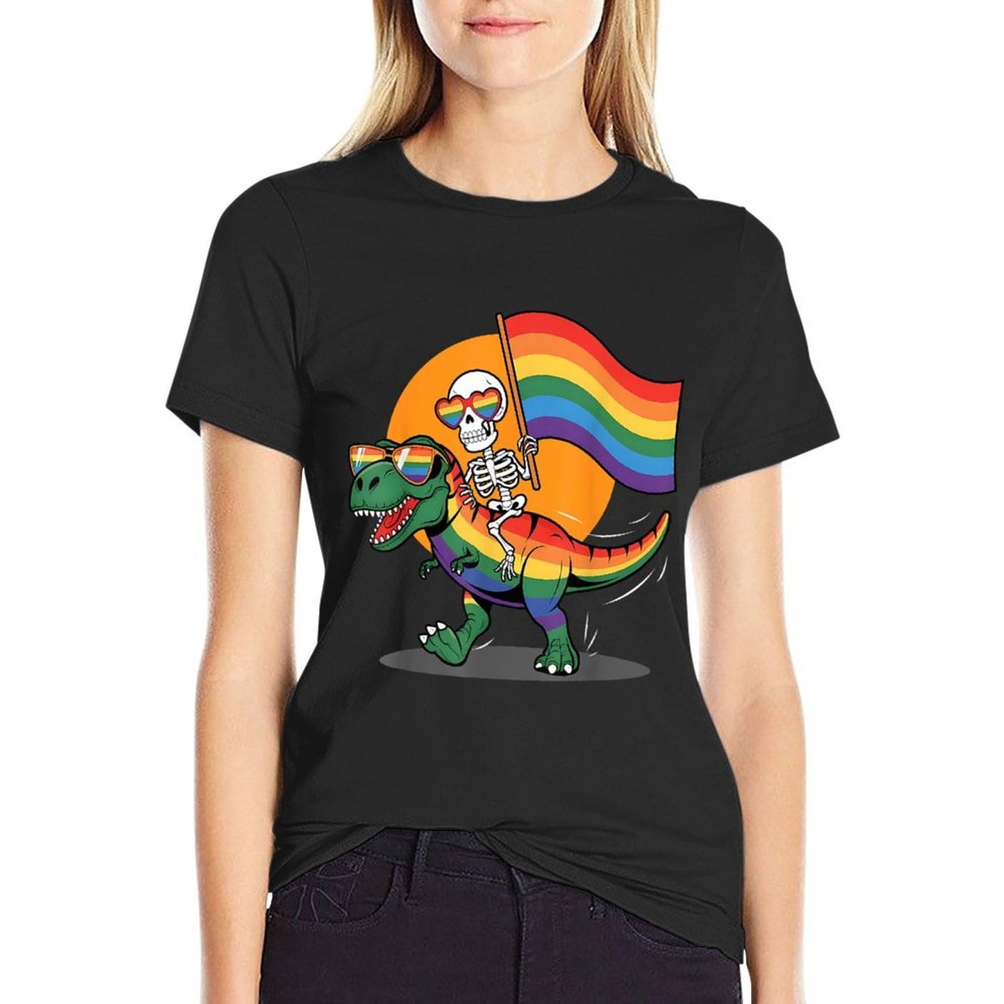 Gay Skeleton Riding Dinosaur Rainbow Gay Pride Month LGBTQ  Graphic-printed T-Shirt