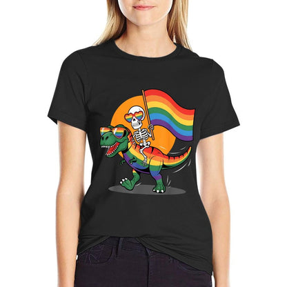 Gay Skeleton Riding Dinosaur Rainbow Gay Pride Month LGBTQ  Graphic-printed T-Shirt