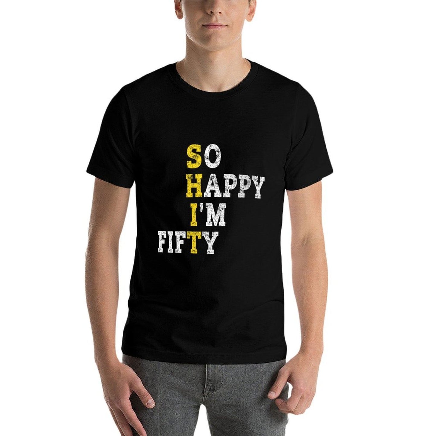 Womens So Happy I'm Fifty Gag 50 Years Old Funny 50th Birthday  Ribbed Collar T-Shirt