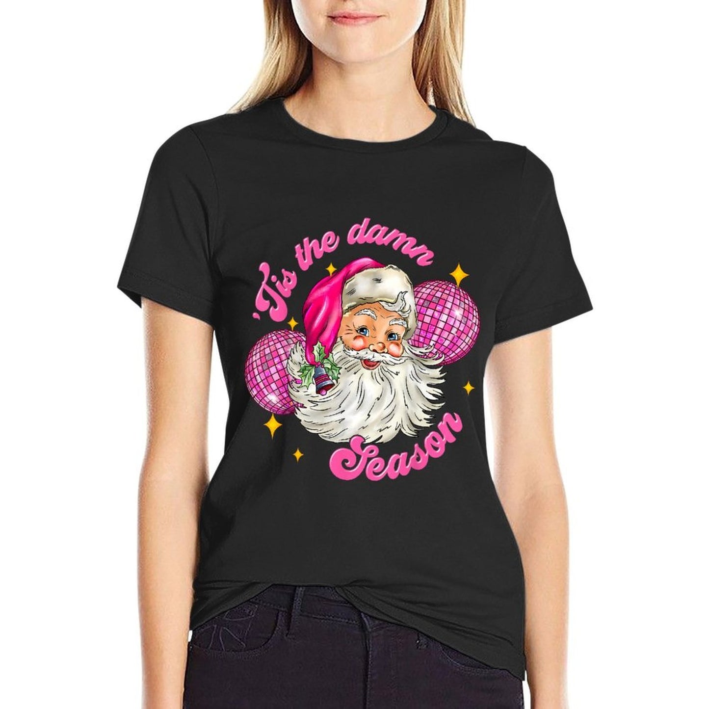 Tis The Damn Season Xmas Retro Santa Disco Pink Christmas  Fade-proof Color T-Shirt