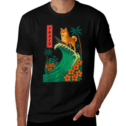 Japanese Shiba Inu Surfing Wave Great Wave Japan  High-quality Stitching T-Shirt