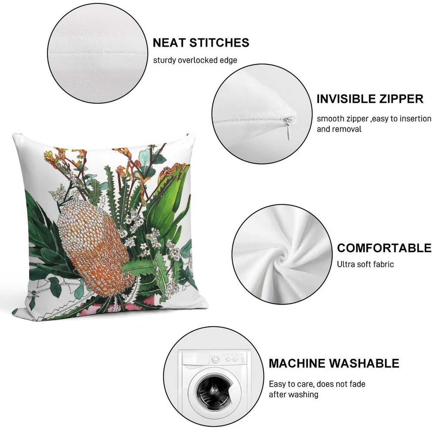 Australian Native Arrangement Banksia Kangaroo Paw Soft Skin-Friendly Throw Pillow