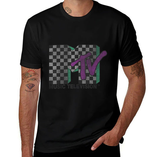 MTV Checkered Distressed Retro Logo Eco-friendly Material T-Shirt