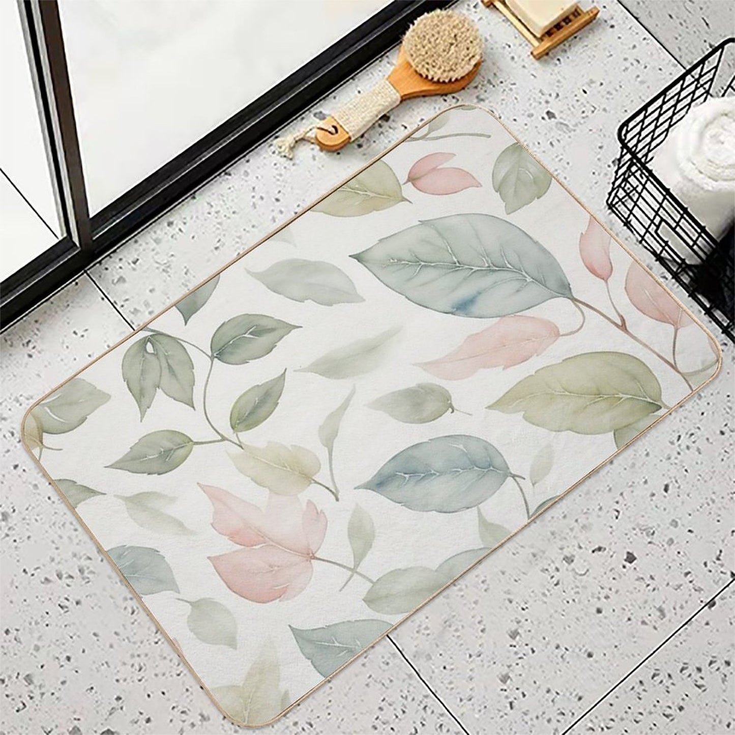 A Seamless Pattern Featuring Delicate Watercolor-style Leaves, with Soft Washes of Color Blending Harmoniously.  Fade-Resistant Bath Mat