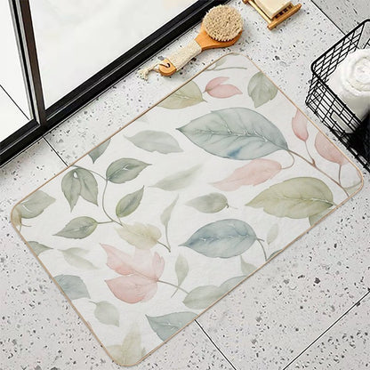A Seamless Pattern Featuring Delicate Watercolor-style Leaves, with Soft Washes of Color Blending Harmoniously.  Fade-Resistant Bath Mat