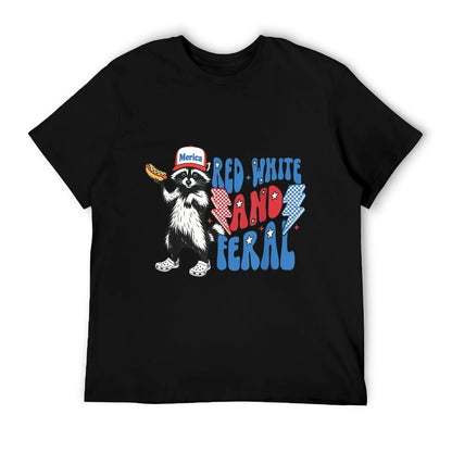 Red White And Feral Funny Raccoon 4th of July Patriotic Eco-friendly Material T-Shirt