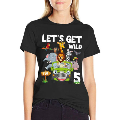 Safari Jungle Animal Let's Get Wild I'm 5 Year Old Birthday  Ribbed Collar T-Shirt
