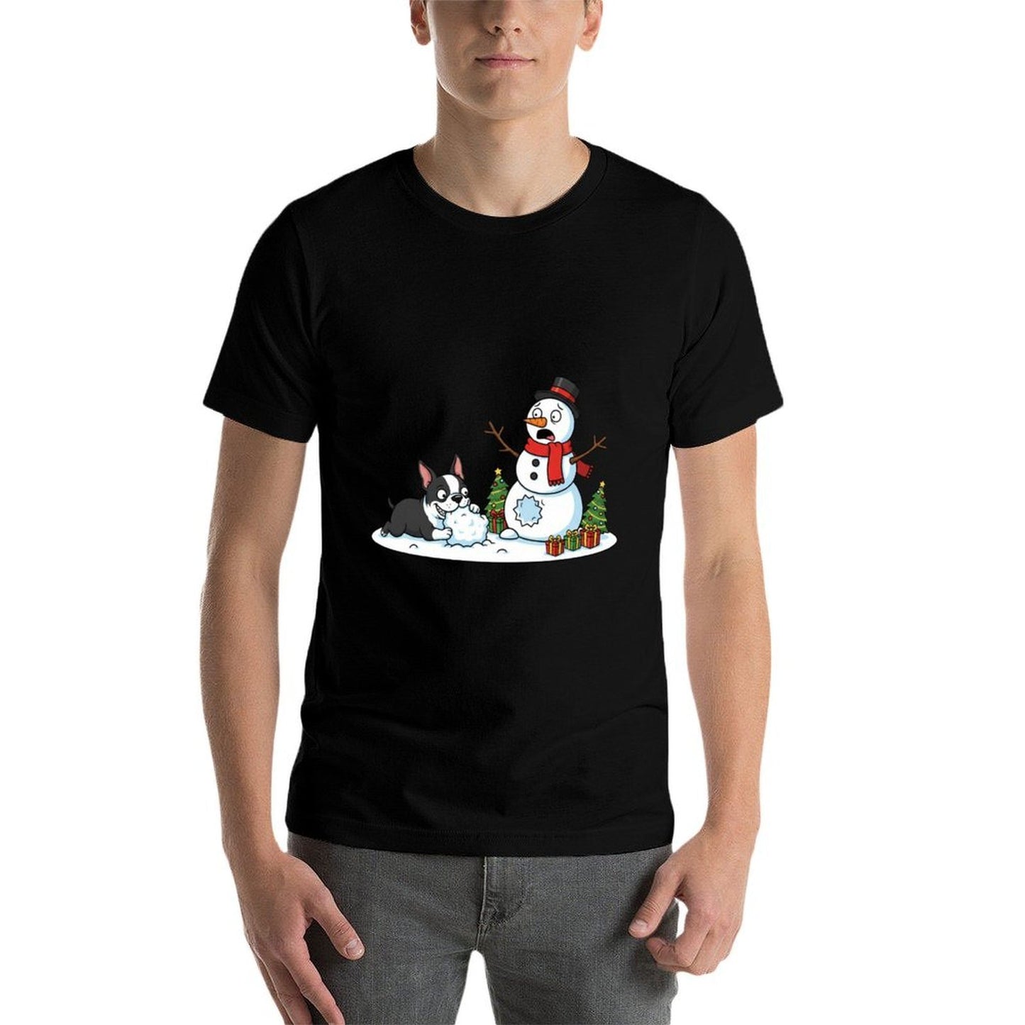 Boston Terrier Snowman Christmas Tree Xmas Womens Mens Kids  Tagless Design T-Shirt