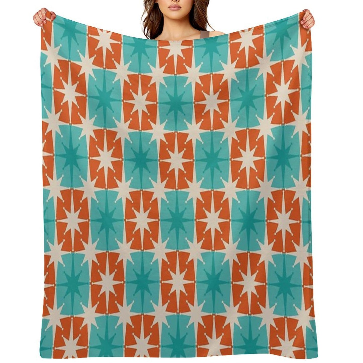 Mid Century Modern Atomic Stars Retro Checkered Starburst Pattern in Teal Turquoise Orange Shrink-resistant Throw Blanket