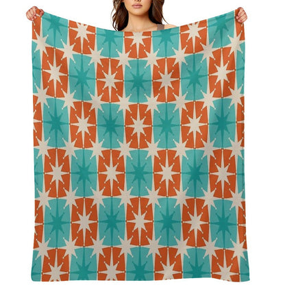 Mid Century Modern Atomic Stars Retro Checkered Starburst Pattern in Teal Turquoise Orange Shrink-resistant Throw Blanket
