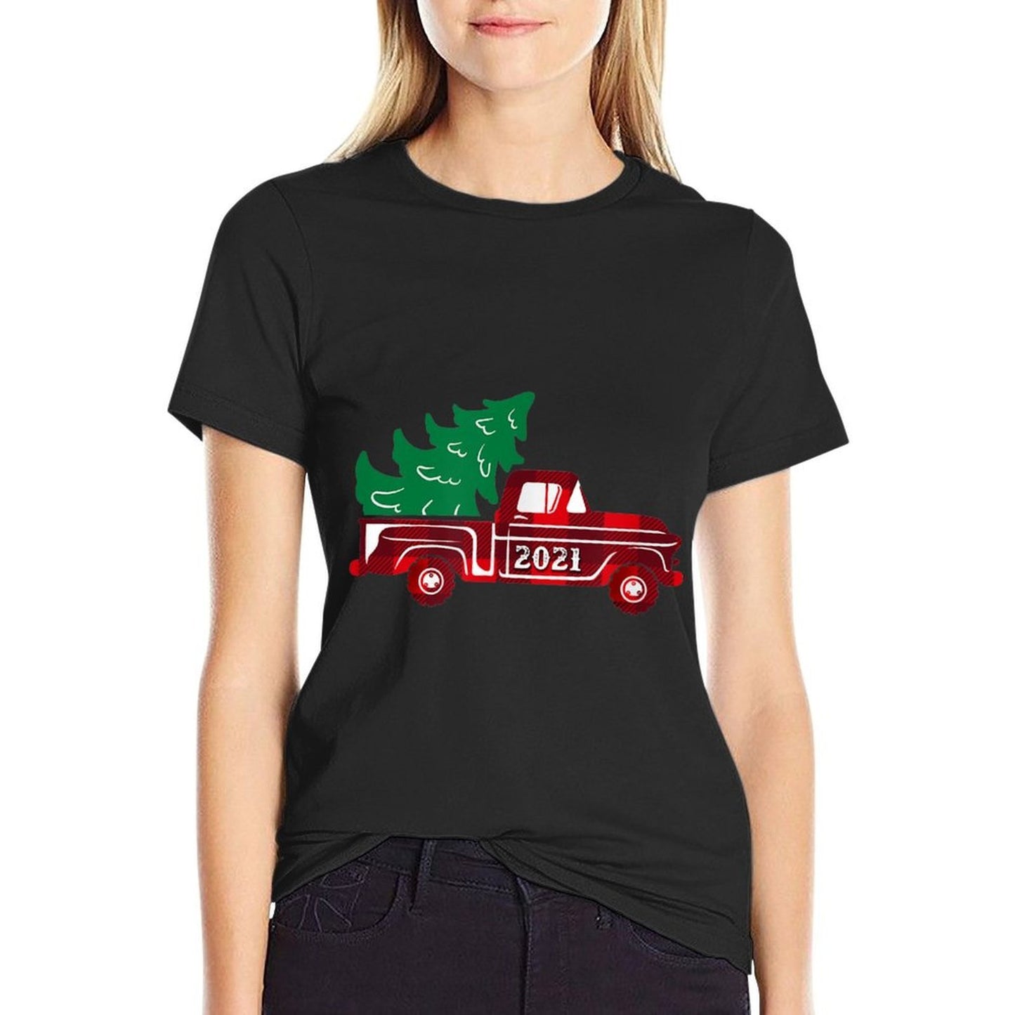Vintage Christmas Truck 2021 - Red Buffalo Plaid - Tree  Slim-fit Cut T-Shirt
