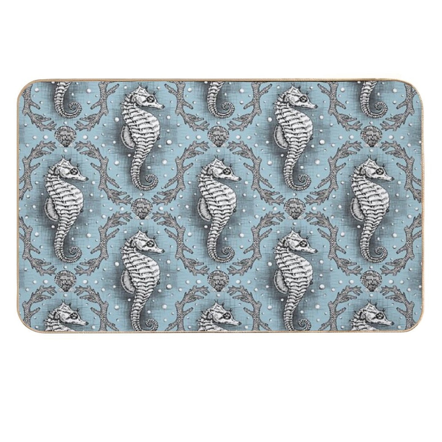 Victorian Seahorse Damask in Powder Blue Antique Steampunk  Stain-Proof Bath Mat