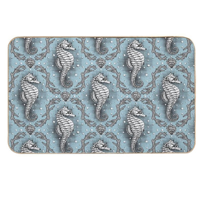 Victorian Seahorse Damask in Powder Blue Antique Steampunk  Stain-Proof Bath Mat