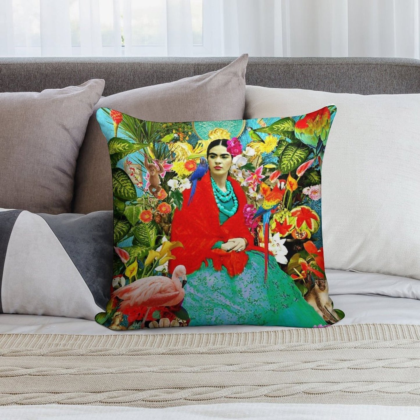 Frida Kahlo with Mexican Animals, Plants, Birds Soft Warmth Comfort Throw Pillow