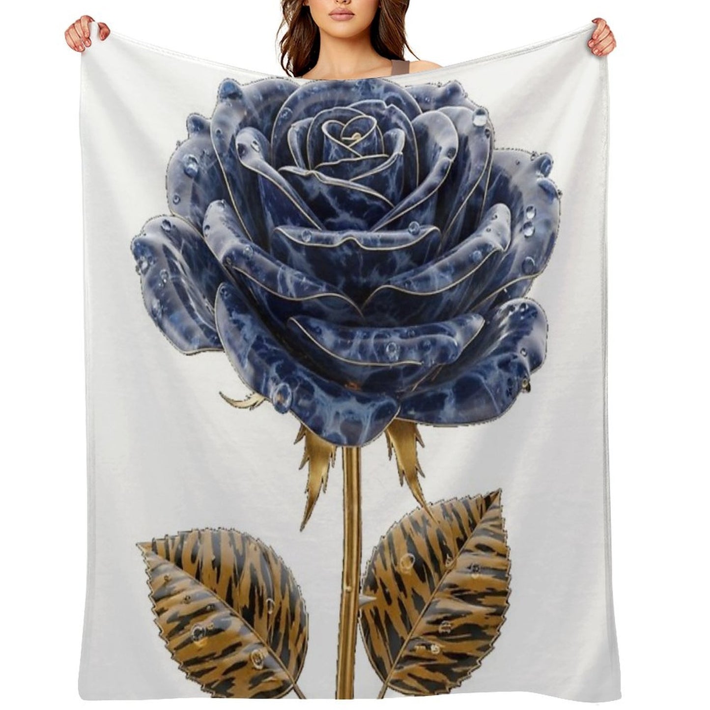 Blue Lapis Lazuli Rose with Golden Tiger Leaves Travel-friendly Throw Blanket