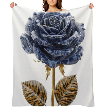 Blue Lapis Lazuli Rose with Golden Tiger Leaves Travel-friendly Throw Blanket