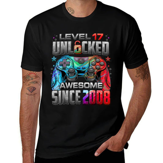 Level 17 Unlocked Awesome Since 2008 17th Birthday Gaming  Heathered Texture T-Shirt