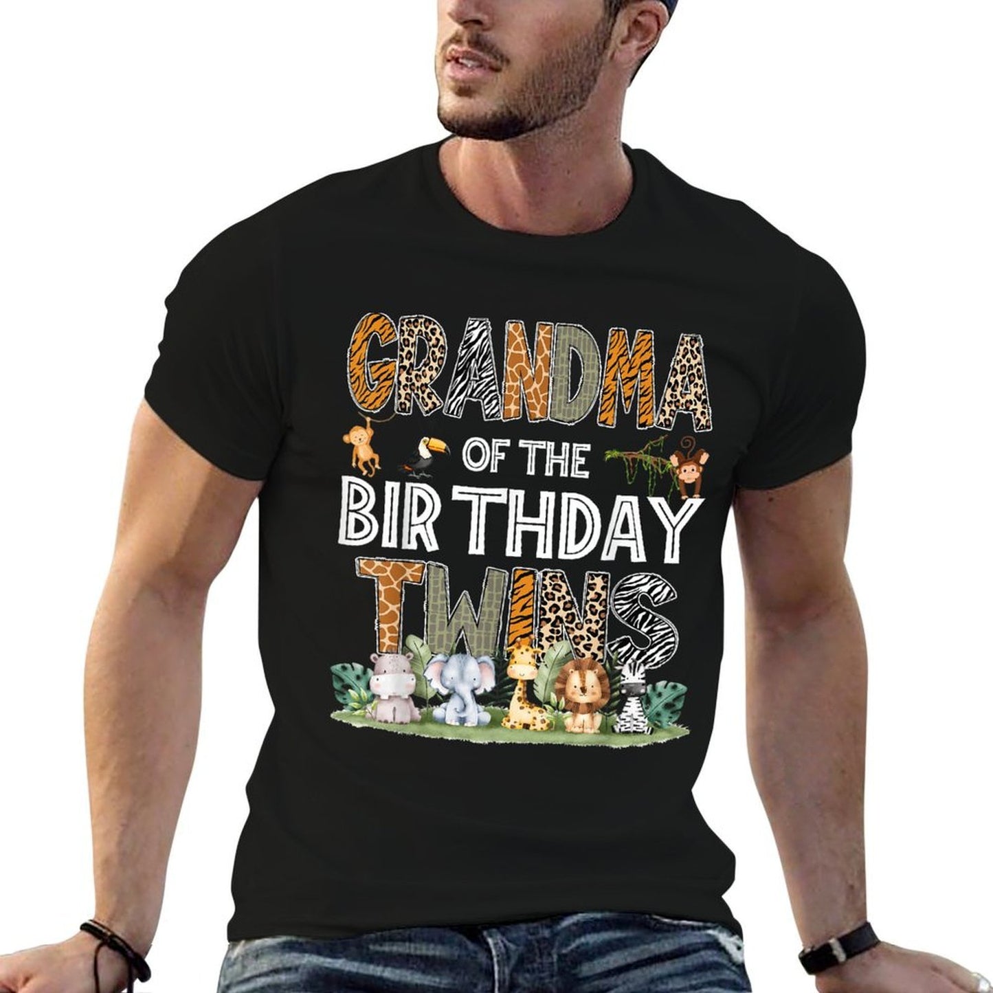 Grandma Of The Birthday Twins Safari Wild One Zoo Animal  High-quality Stitching T-Shirt