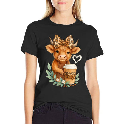 Cute Cow Holding Coffee Highland Cow with Leopard Bow  Classic T-Shirt