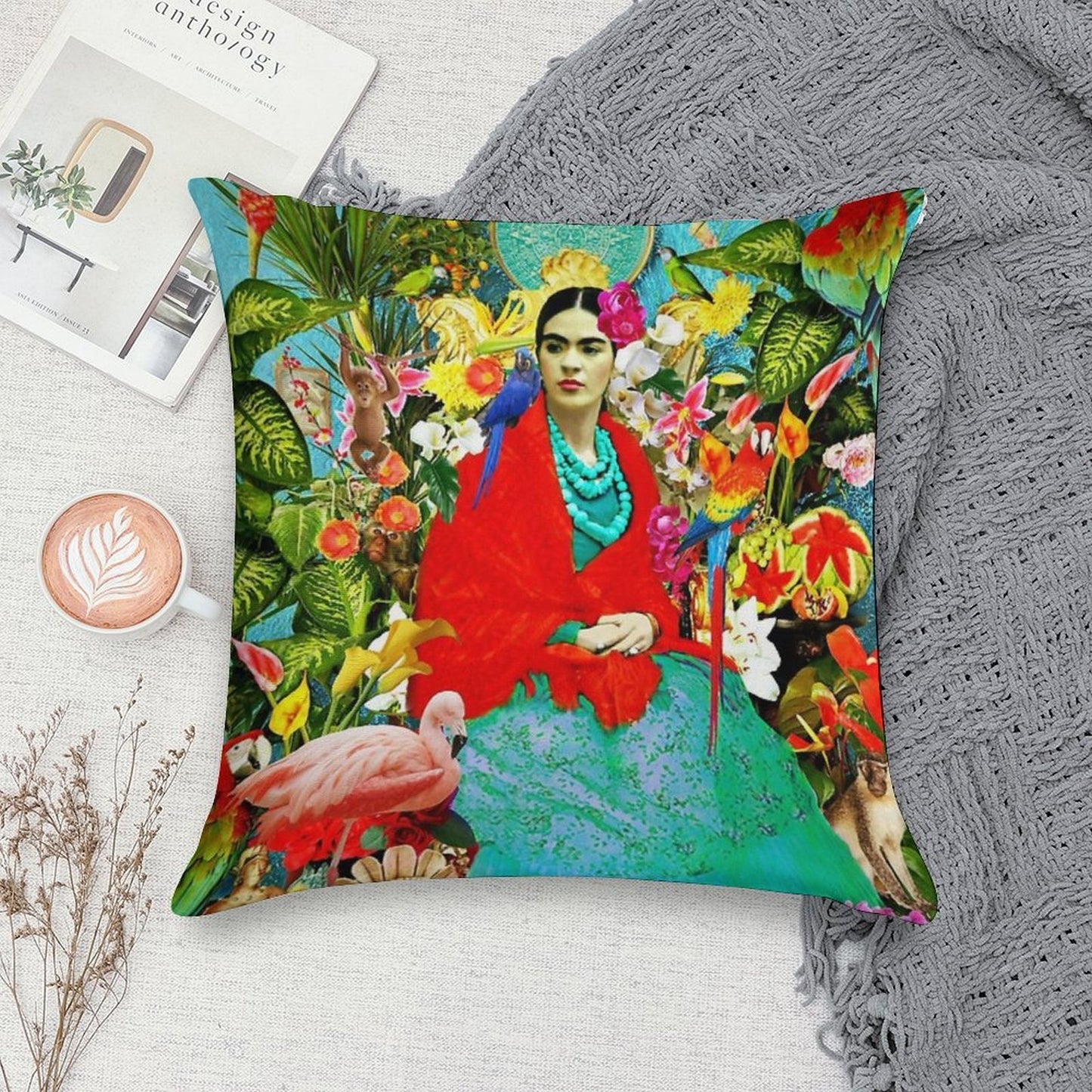 Frida Kahlo with Mexican Animals, Plants, Birds Soft Warmth Comfort Throw Pillow