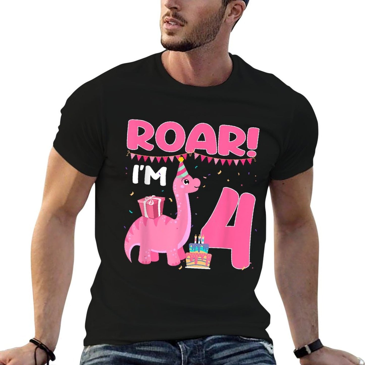 Roar I'm 4 Year Old Dinosaur Girl 4th Birthday Party  Soft T-Shirt