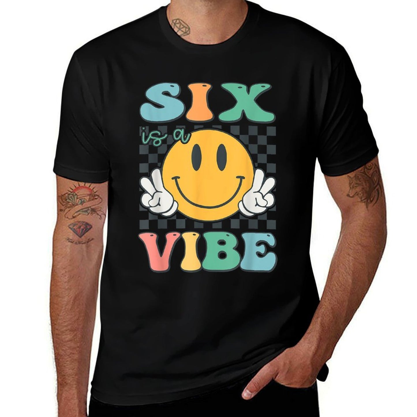 Six Is A Vibe 6th Birthday Smile Face Hippie Boy Girl Kid  Tagless Design T-Shirt