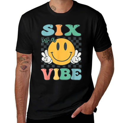 Six Is A Vibe 6th Birthday Smile Face Hippie Boy Girl Kid  Tagless Design T-Shirt