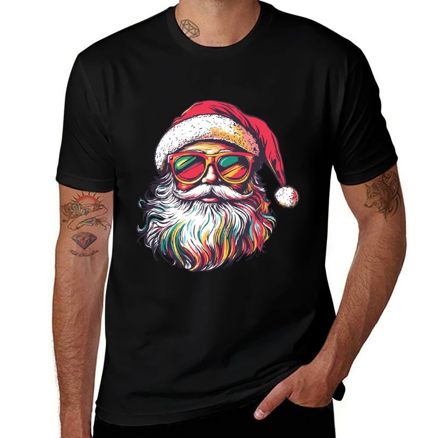 Retro Santa Face Sunglasses Christmas Xmas  Rolled Sleeves T-Shirt