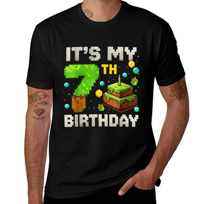 Kids Its My 7th Birthday Gamer Pixel Birthday Boy  Ribbed Collar T-Shirt
