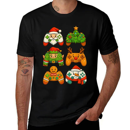 Christmas Gaming Controllers Santa Fun Reindeer Tree Snowman  Rolled Sleeves T-Shirt