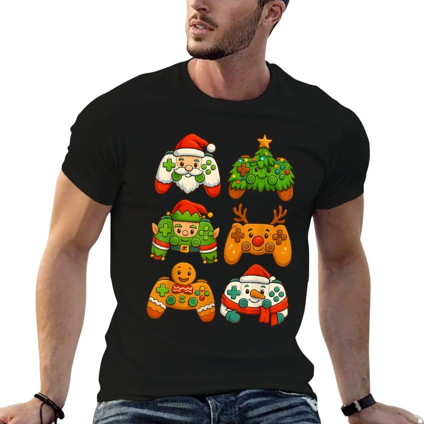 Christmas Gaming Controllers Santa Fun Reindeer Tree Snowman  Rolled Sleeves T-Shirt