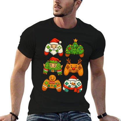 Christmas Gaming Controllers Santa Fun Reindeer Tree Snowman  Rolled Sleeves T-Shirt