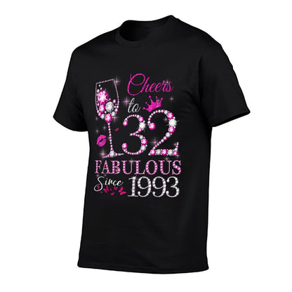 Womens Cheers to 32 Years Old EST 1993 32nd Birthday Queen  Trendy Pattern T-Shirt