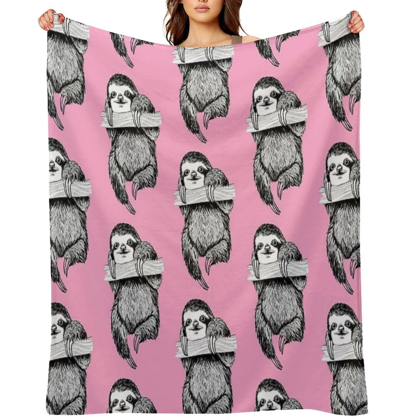 SLOTH HANGING OUT ON CARNATION PINK Velvety-soft Throw Blanket