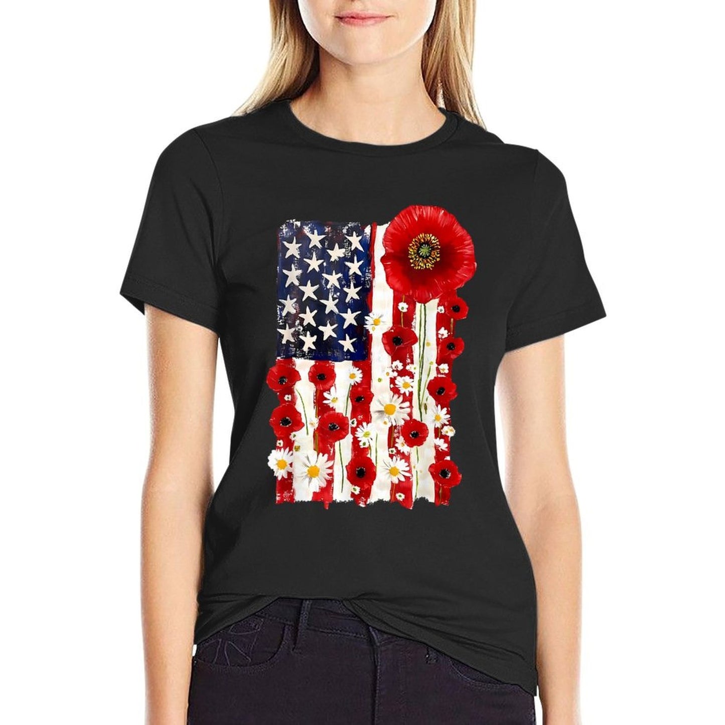 Red Poppy Flower US Patriotic Veterans Day Memorial Day  Heathered Texture T-Shirt