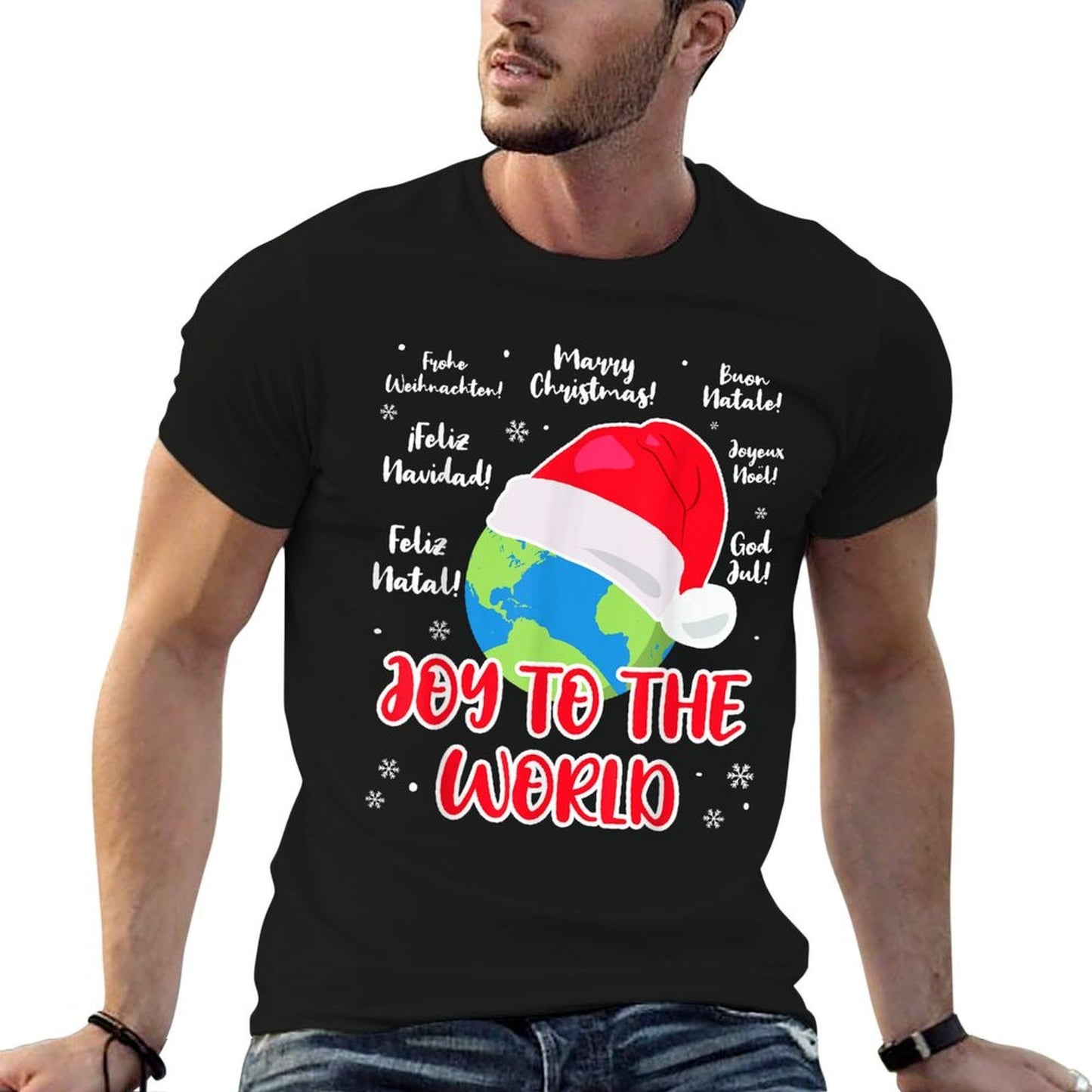 Merry Christmas Language Joy to The World Globe Cristmas  Graphic-printed T-Shirt