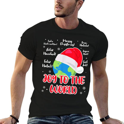 Merry Christmas Language Joy to The World Globe Cristmas  Graphic-printed T-Shirt
