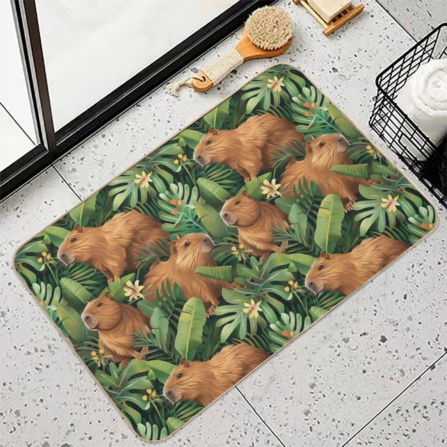 Cute Capybaras Frolic Amidst Lush Tropical Plants  Absorbent Bath Mat
