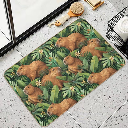 Cute Capybaras Frolic Amidst Lush Tropical Plants  Absorbent Bath Mat