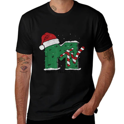 MTV Logo Christmas Tree Santa Hat Colors Graphic  Rolled Sleeves T-Shirt