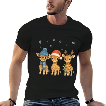 Baby Giraffe Christmas Lights Santa Hat Reindeer Women Kids  Graphic-printed T-Shirt