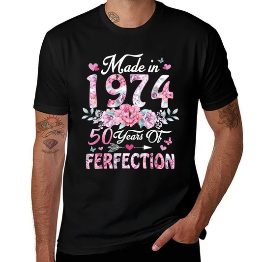 50 Years Old Vintage Made In 1974 Floral 50th Birthday Women  Rolled Sleeves T-Shirt