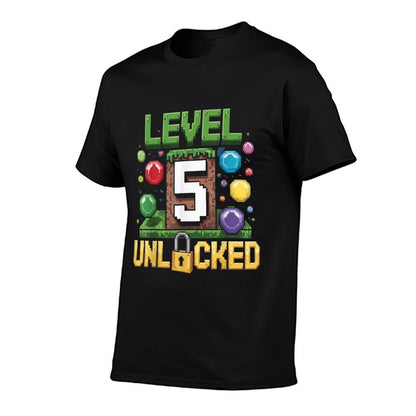 Birthday Boy Level 5 Unlocked 5th Birthday Game Pixel  Cotton T-Shirt