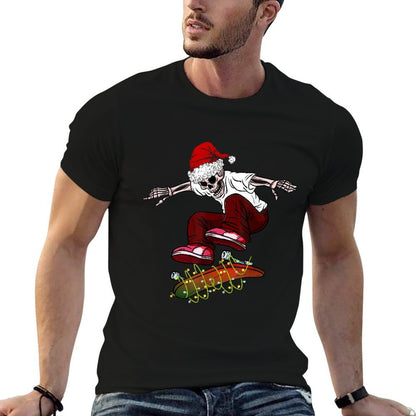 Funny Skeleton Skateboard Christmas Pajama Santa Skateboard  Summer-ready Fabric T-Shirt